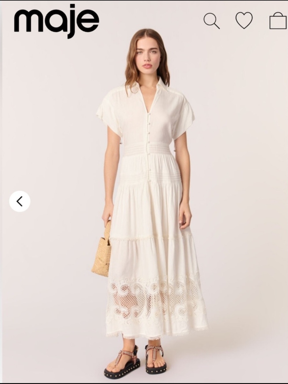 Maje Embroidered Ruffle Maxi Dress Ecru White Size 36 Small Boho Bridal